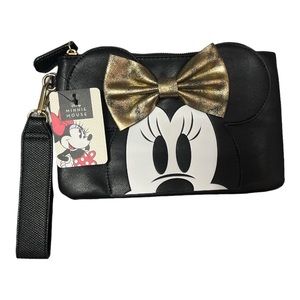 Minnie Mouse Gold Bow Clutch Purse Women's Black NWT